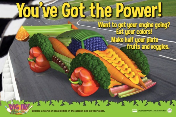 USDA Dig In! Posters: Race Car (black beans, blueberries, broccoli, carrots, celery, green beans, oranges, peaches, red bell pepper, rhubarb, sugar snap peas)